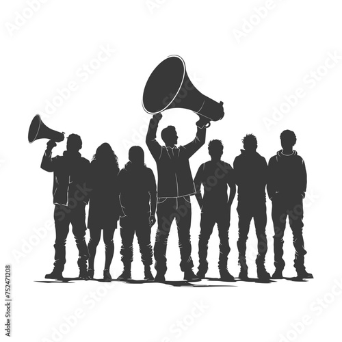 Silhouette demonstrators holding loudspeaker alone black color only