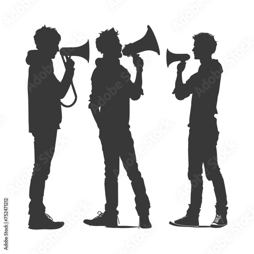 Silhouette demonstrators holding loudspeaker alone black color only