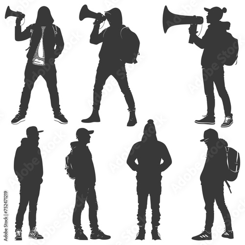 Silhouette demonstrators holding loudspeaker alone black color only
