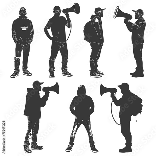 Silhouette demonstrators holding loudspeaker alone black color only