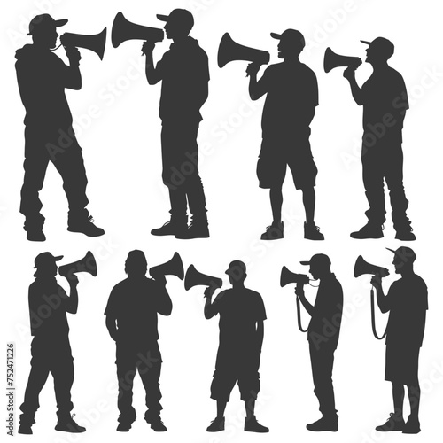 Silhouette demonstrators holding loudspeaker alone black color only