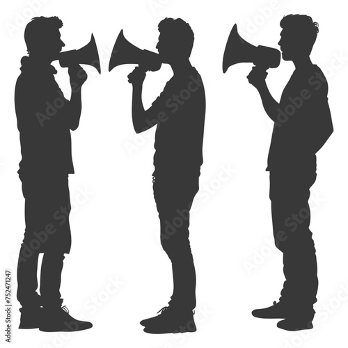 Silhouette demonstrators holding loudspeaker alone black color only