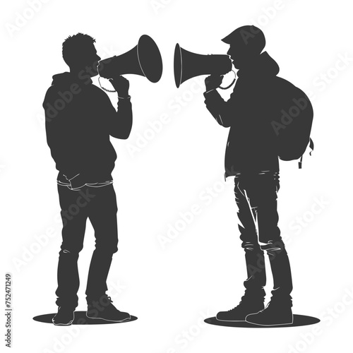Silhouette demonstrators holding loudspeaker alone black color only