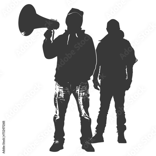 Silhouette demonstrators holding loudspeaker alone black color only
