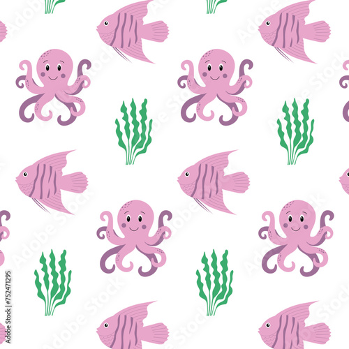 Marine seamless pattern with fish, octopus and seaweed. Vector illustration.