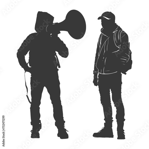 Silhouette demonstrators holding loudspeaker alone black color only