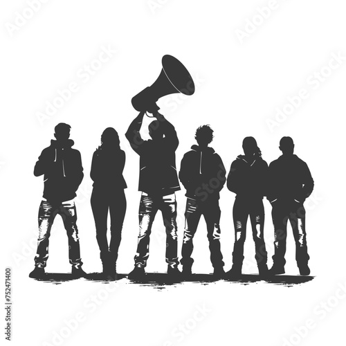 Silhouette demonstrators holding loudspeaker alone black color only