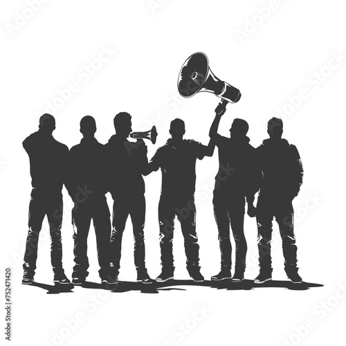 Silhouette demonstrators holding loudspeaker alone black color only