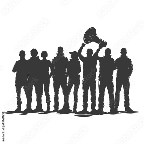 Silhouette demonstrators holding loudspeaker alone black color only