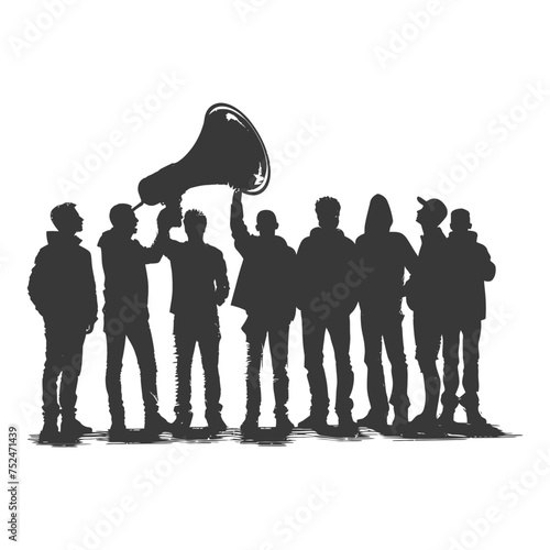 Silhouette demonstrators holding loudspeaker alone black color only