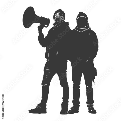 Silhouette demonstrators holding loudspeaker alone black color only