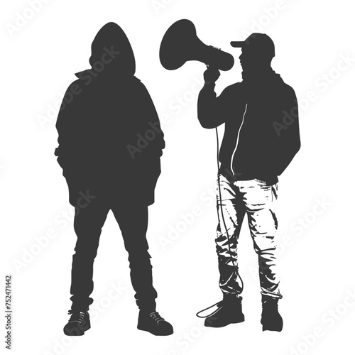 Silhouette demonstrators holding loudspeaker alone black color only