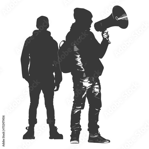 Silhouette demonstrators holding loudspeaker alone black color only