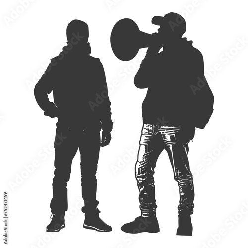 Silhouette demonstrators holding loudspeaker alone black color only