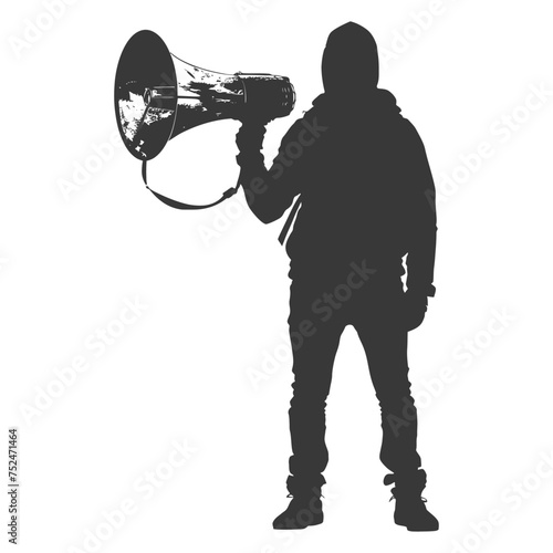 Silhouette demonstrators holding loudspeaker alone black color only