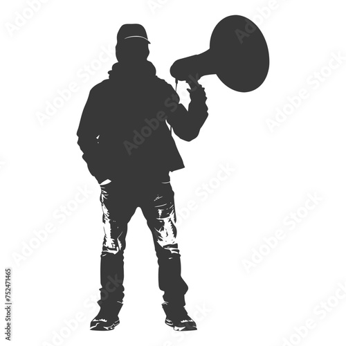 Silhouette demonstrators holding loudspeaker alone black color only