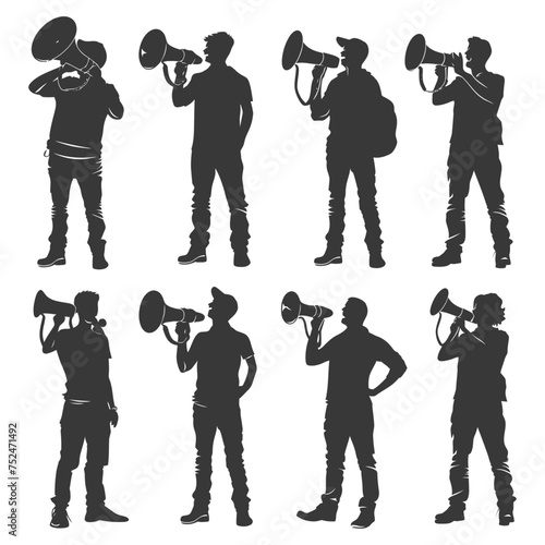 Silhouette demonstrators holding loudspeaker alone black color only