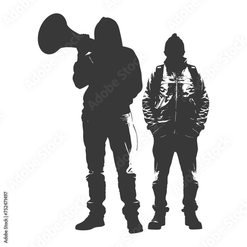 Silhouette demonstrators holding loudspeaker alone black color only
