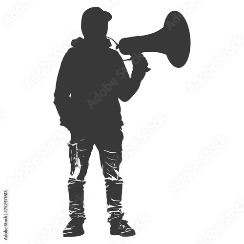 Silhouette demonstrators holding loudspeaker alone black color only