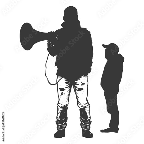 Silhouette demonstrators holding loudspeaker alone black color only