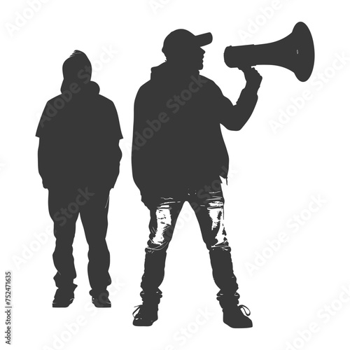 Silhouette demonstrators holding loudspeaker alone black color only
