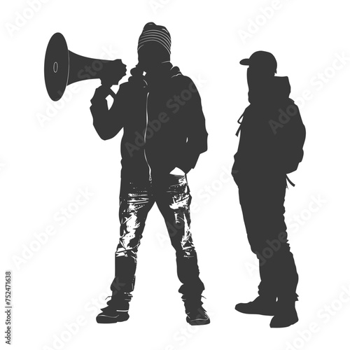 Silhouette demonstrators holding loudspeaker alone black color only
