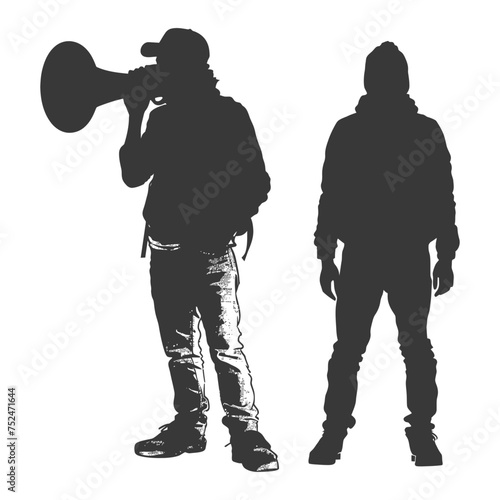 Silhouette demonstrators holding loudspeaker alone black color only