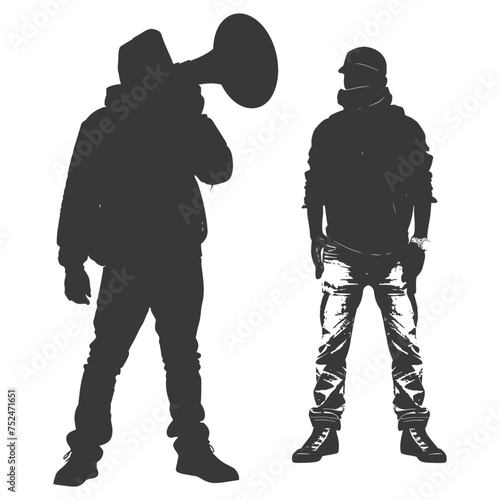 Silhouette demonstrators holding loudspeaker alone black color only