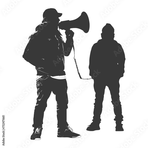 Silhouette demonstrators holding loudspeaker alone black color only