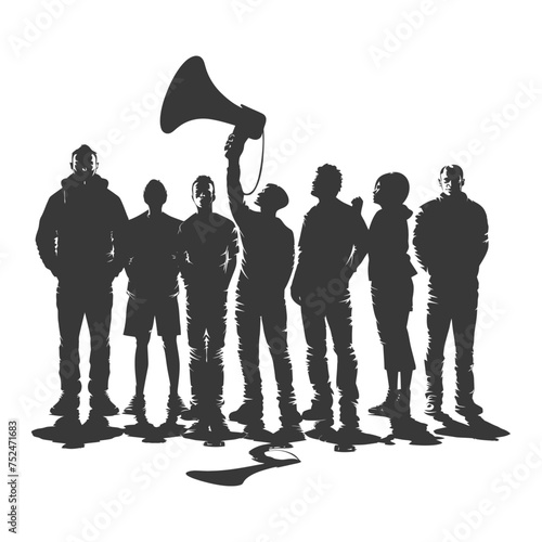 Silhouette demonstrators holding loudspeaker alone black color only