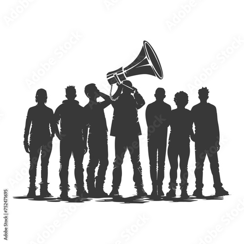 Silhouette demonstrators holding loudspeaker alone black color only