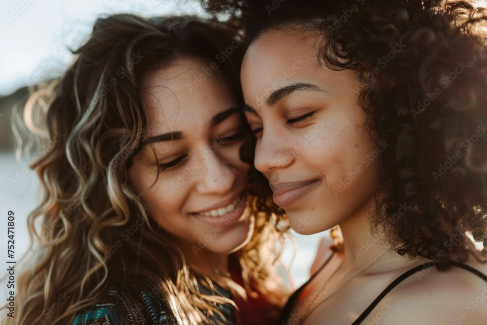 Two cheerful women with curly hair share a tender, affectionate moment They are close up, smiling softly, exuding warmth and friendship