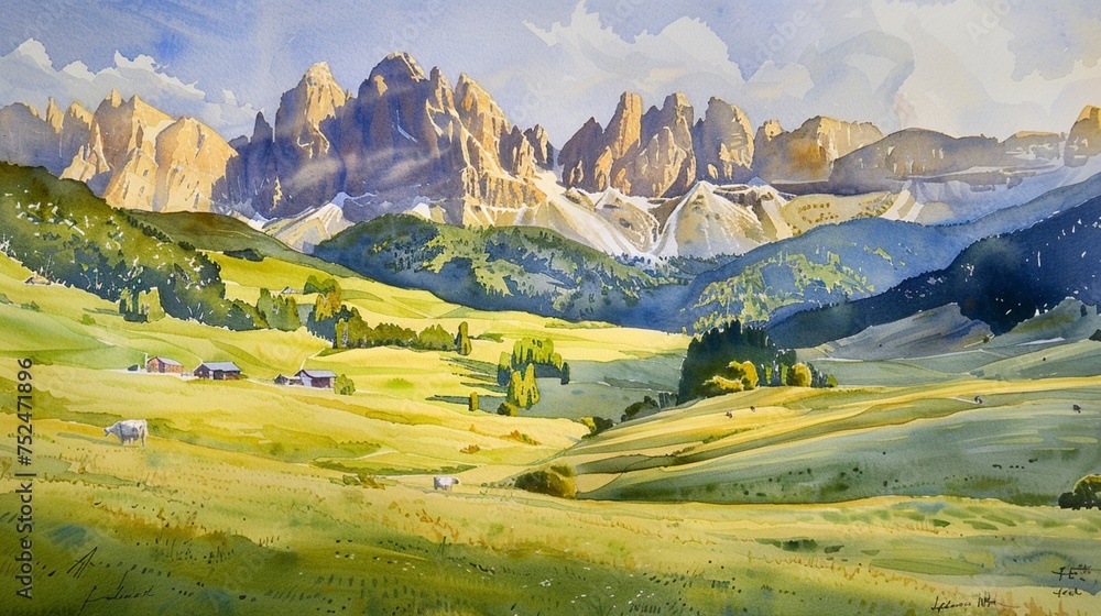 View of the Seiser Alm, bathed in the golden light of the setting sun, casting long shadows of the peaks on the meadows below, a sense of tranquility as the day fades into dusk