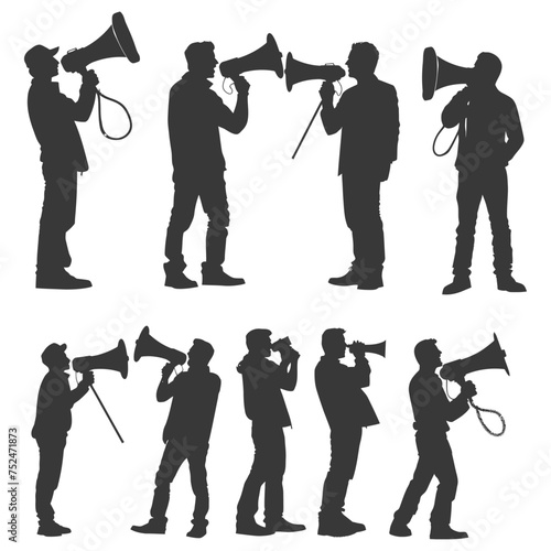 Silhouette demonstrators holding loudspeaker black color only