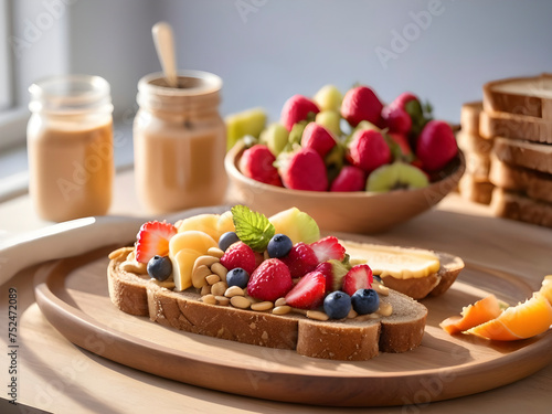 Wholemeal Toast with Peanut Butter and Fresh Fruit Basking in Afternoon Glow