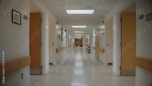 Empty Hospital Hallway with Wheelchair