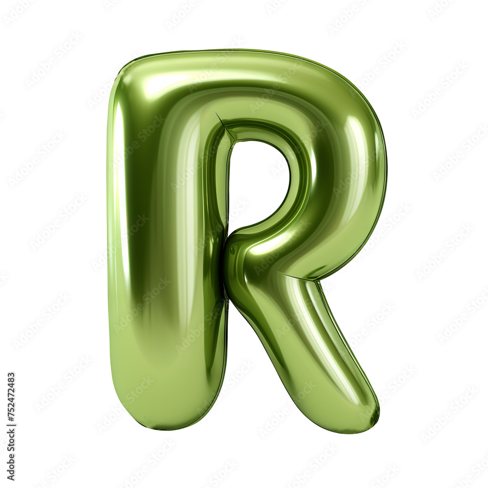 Olive green metallic R alphabet balloon Realistic 3D on white background. Olive green metallic R alphabet balloon Realistic 3D on white background.