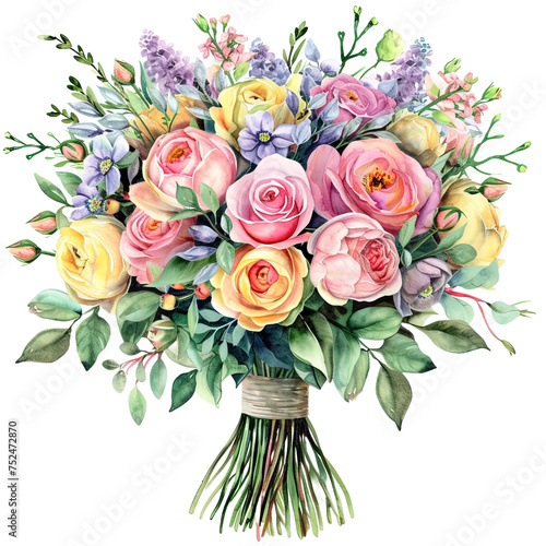 Watercolor flowers and wedding bouquet isolated on white or transparent background