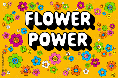 Flower power lettering with block shadow, and numerous colorful hippie flowers, on orange background. Slogan that was used in the 60s and 70s as a symbol of passive resistance and nonviolent ideology.