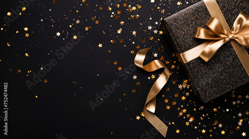 Black background. Xmas black gift box and gold ribbon bow viewed from above for text Merry Christmas, Happy New Year and Black Friday season. Horizontal banner, header for website. Vector illustration
