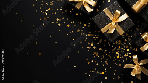 Black background. Xmas black gift box and gold ribbon bow viewed from above for text Merry Christmas, Happy New Year and Black Friday season. Horizontal banner, header for website. Vector illustration © Pickoloh