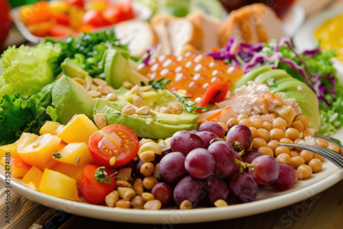 A colorful and appetizing plate featuring healthy, low-cholesterol food options