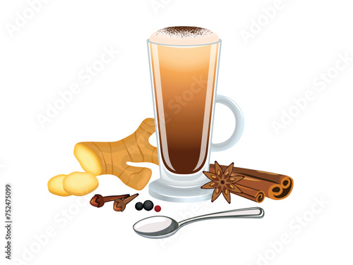 Chai latte with ginger, cinnamon, spices vector illustration. Chai latte with froth milk icon vector isolated on a white background. Chai latte in a tall glass with a handle drawing