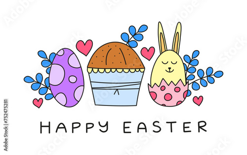Doodle colorful happy Easter postcard.