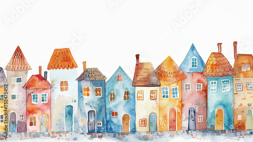 Row of colorful watercolor houses a city street