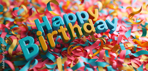 A photo text of "Happy Birthday" in chunky, 3D block letters on a colorful confetti background