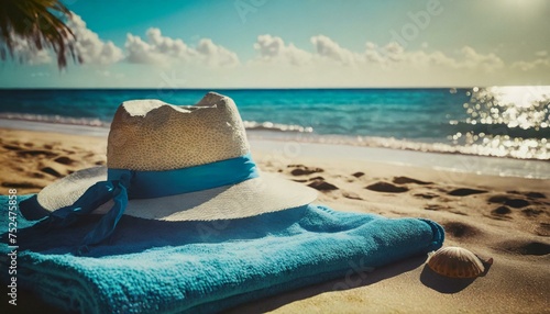 blue towel with hat and summer beach 