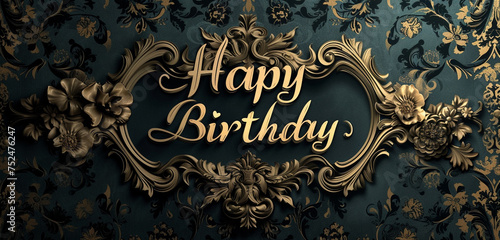 A photo text of "Happy Birthday" in ornate Victorian style font on a classic damask background