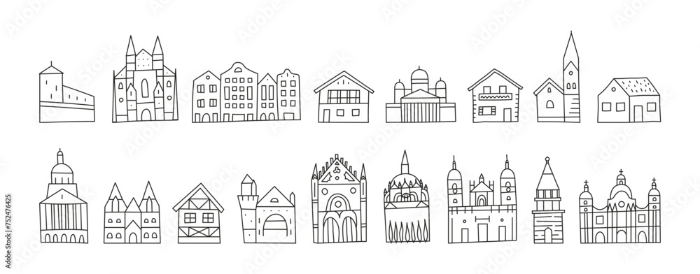 Set of different doodle outline buildings.