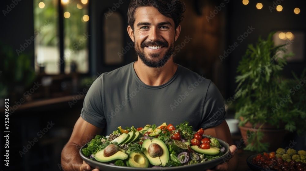 Young vegetarian man holding a delicious vegetarian dish. Young vegetarian man holding a delicious vegetarian dish.